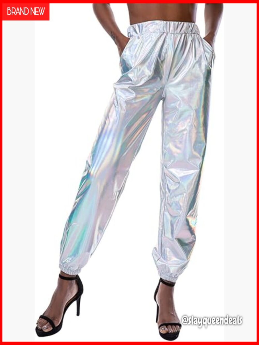 Shiny Metallic High Waist Stretchy Jogger Pants Wet Look Club Trousers